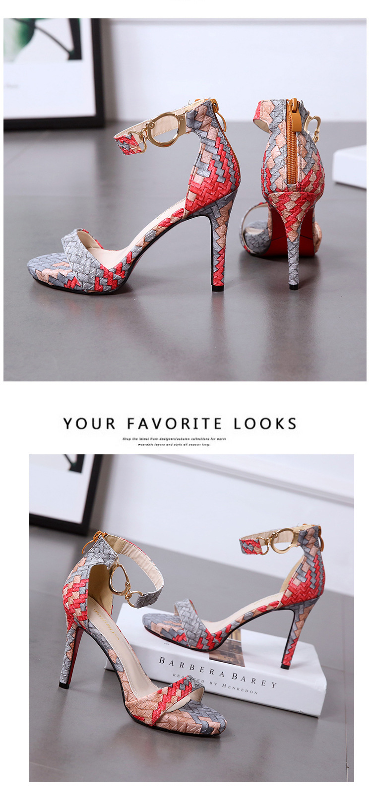one word buckle open toe color matching woven pattern stiletto sandals NSGXL125459