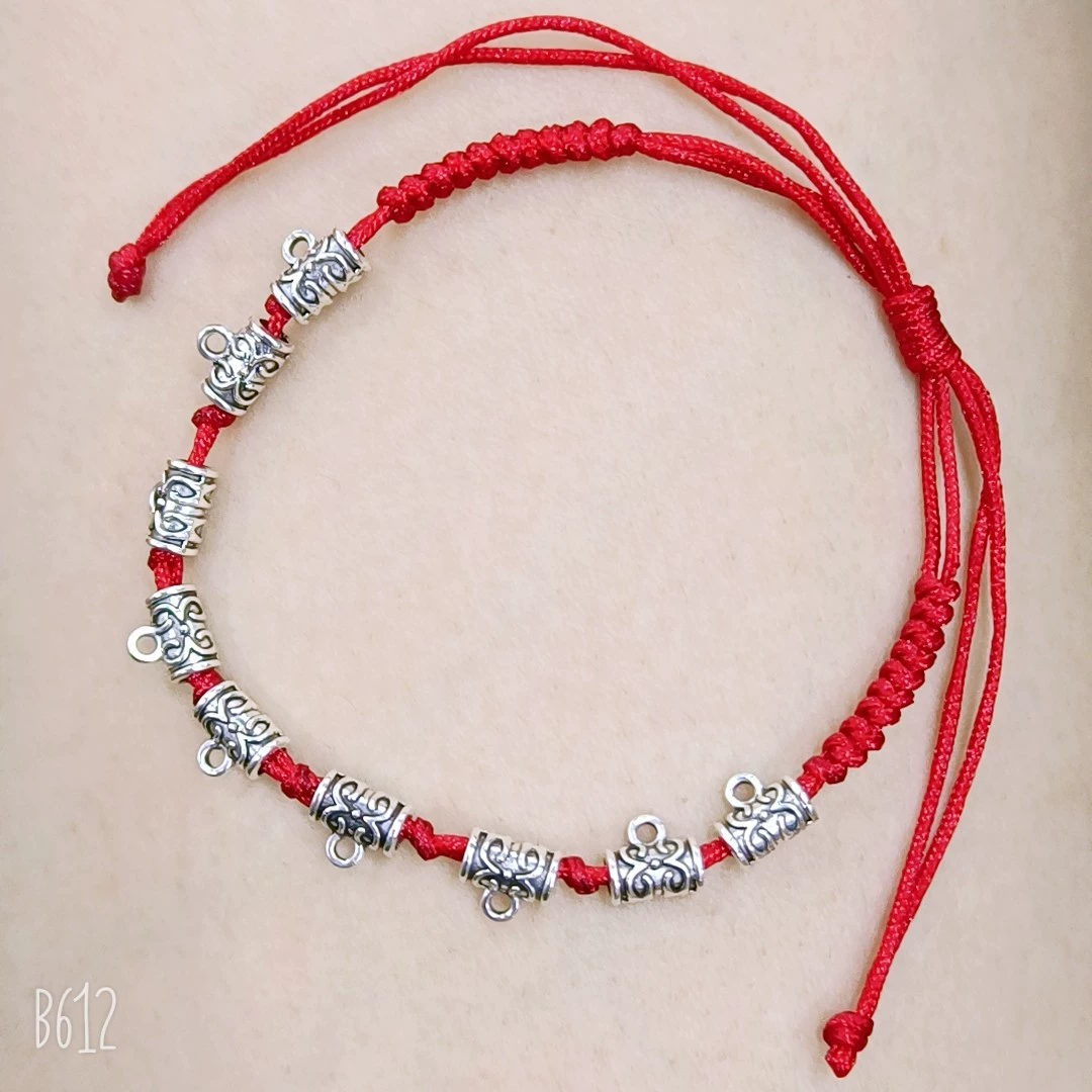Woven Red Rope Bracelet, Miao/Tibetan Silver Alloy Charms, Ankle & Wrist, Multiple Styles
