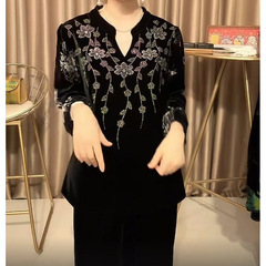 秋冬中老年丝绒洋气烫钻烧花大码宽松遮肉妈妈装上衣气质长袖小衫