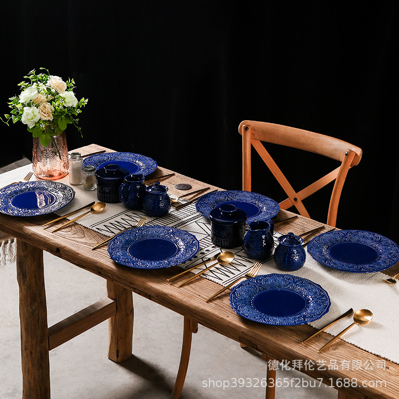 Embossed blue steak plate French Western plate personalized retro style ceramic milk pot sugar pot suit tableware wholesale