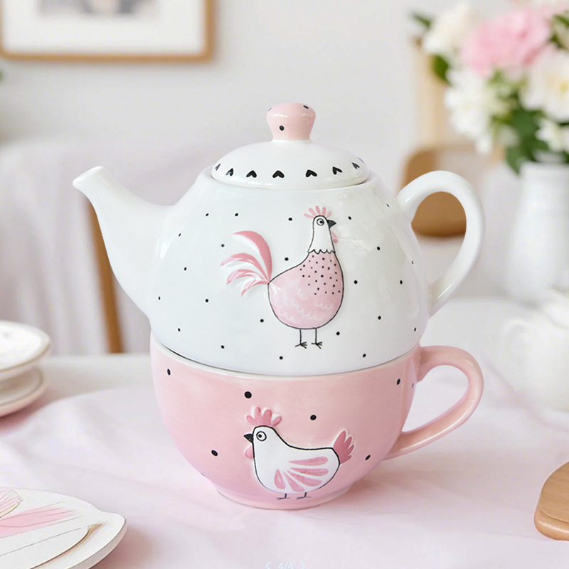 Preventa de vajilla de cerámica creativa para el hogar Serie de té de la tarde Una taza y una olla Juego de olla de taza y tetera de pollo dorado en polvo de resurrección