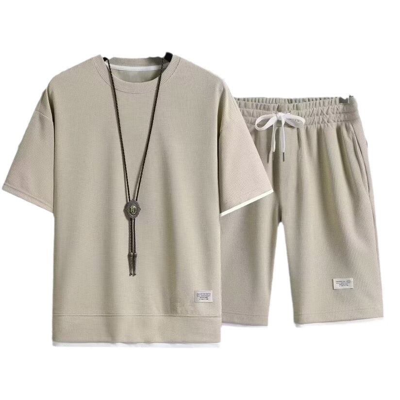 Camisa menos ropa Waffle traje de manga corta estilo de Hong Kong para hombre suelto de gran tamaño multicolor opcional de dos piezas de tendencia de moda