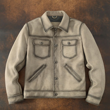 美式复古做旧无涂磨砂牛皮水洗做旧真皮皮衣男翻领506牛仔外套