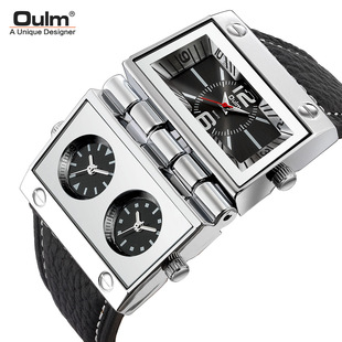 Oulm Eurum Men's Watch Large Dial Fashion Watch Multi-time Zone Rectangular European and American Quartz Men's Watch