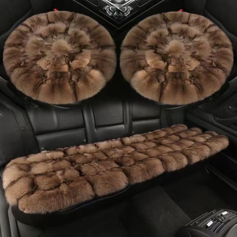 Fox fur car seat cushions, a luxurious and warm winter set, featuring high-quality faux fur and genuine fox fur, with a round design and a set of three pieces
