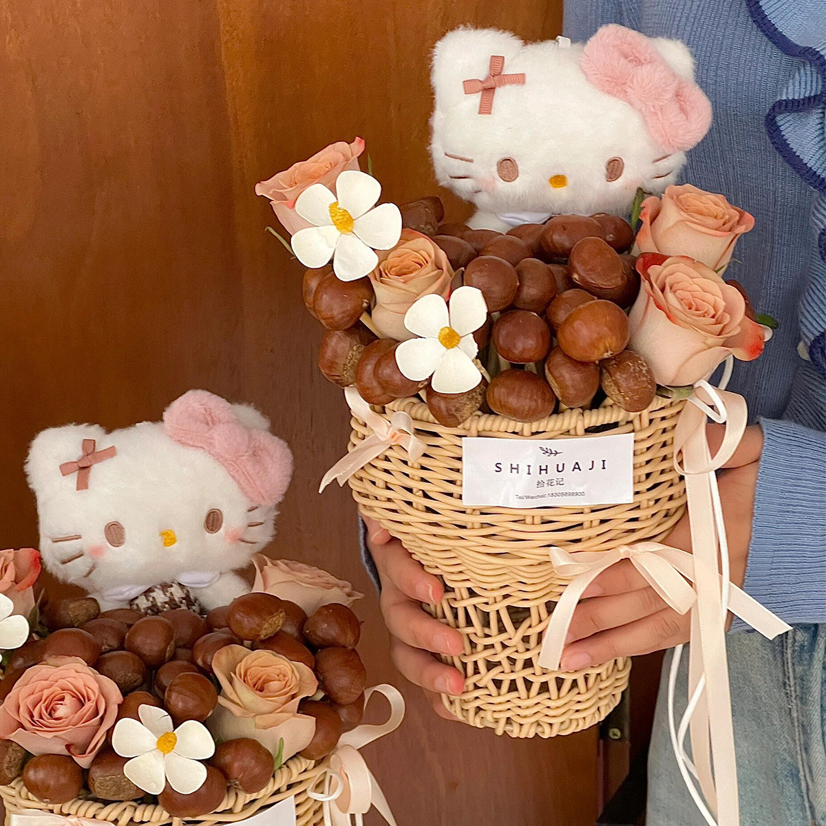 Cesta de flores de castaño rojo en línea Cesta de flores de helado de caña DiDi tela de paja Cesta de flores de castaño mano Cesta de flores de castaño