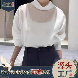 欧根纱桑蚕丝衬衫女日常新中式叠穿打底衬衣防晒罩衫上衣工厂直销