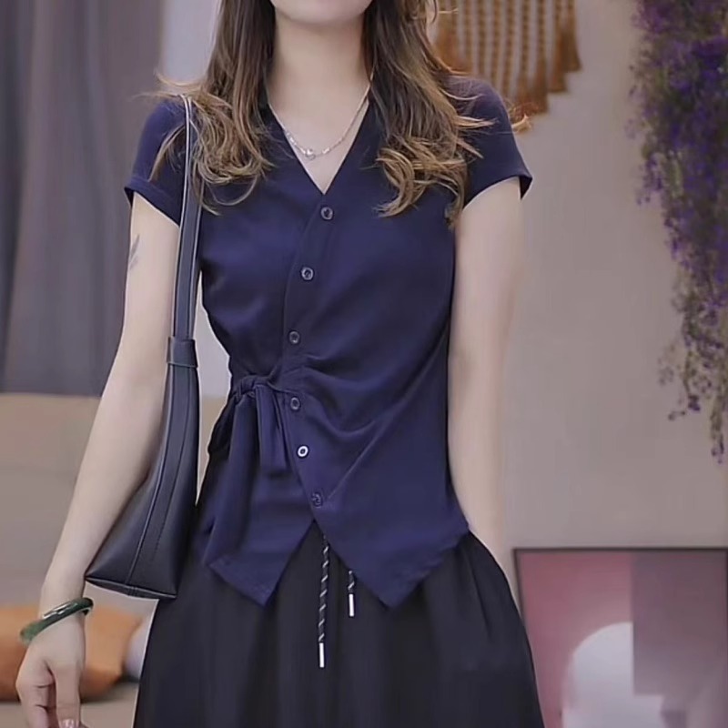 Áo thun nữ tay ngắn thiết kế kiểu Pháp, eo thon, thắt nơ xếp ly màu tím — Màu hồng tím chi tiết 6