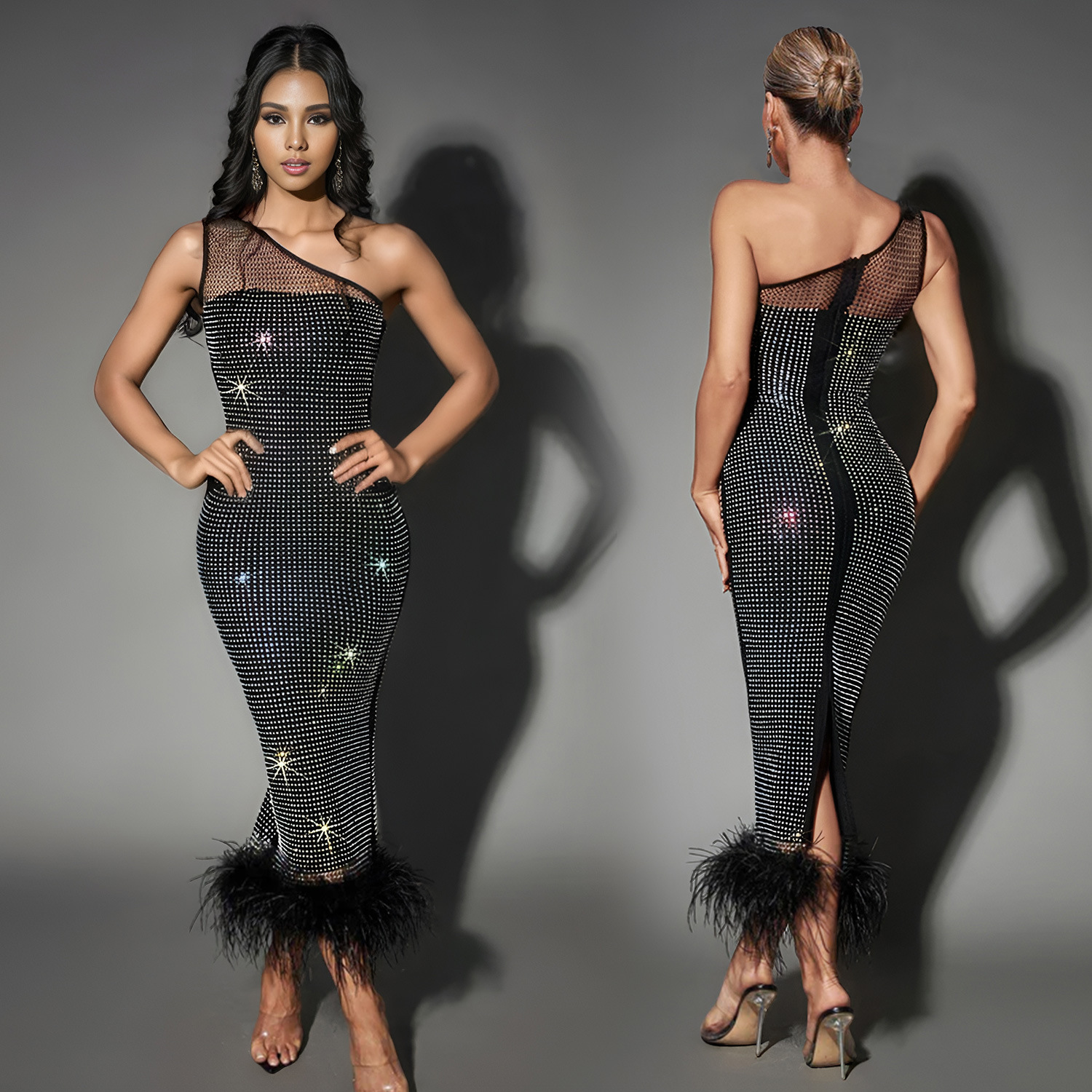 C6666 transfronterizo AliExpress Amazon europeo y americano de la moda de las mujeres solo hombro malla rhinestone pluma vendaje vestido image 3