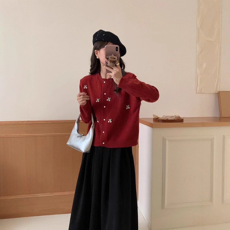 秋冬韩系小清新减龄花朵针织开衫圆领单排扣温柔软糯慵懒毛衣外套|undefined