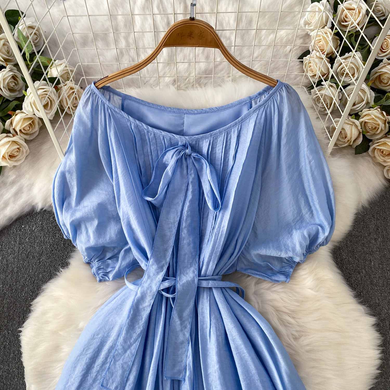 Women's French Style Tie Neck Puff Sleeve Dress Gentle Elegant Summer Casual Long Dress Simple Commuting Style_ecoleips.com