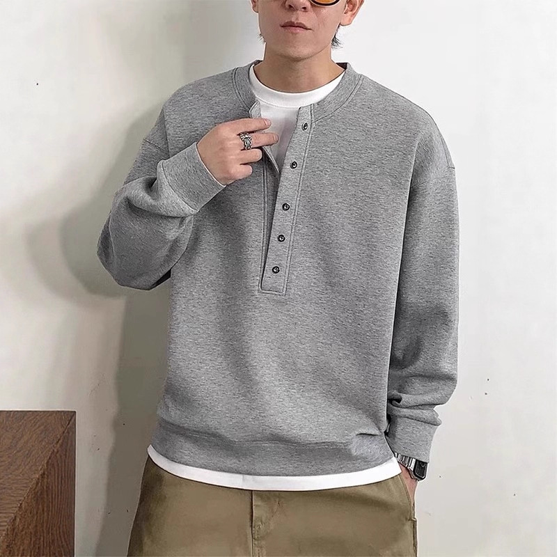 Fake Two-Piece Henry Collar Long-Sleeved Pullover Sweatshirt for Men Spring Cleanfit Korean Style Light Mature Style Loose Casual Jacket Fake Two-Piece Henry Collar Long-Sleeved Pullover Sweatshirt for Men Spring Cleanfit Korean Style Light Mature Style Loose Casual Jacket