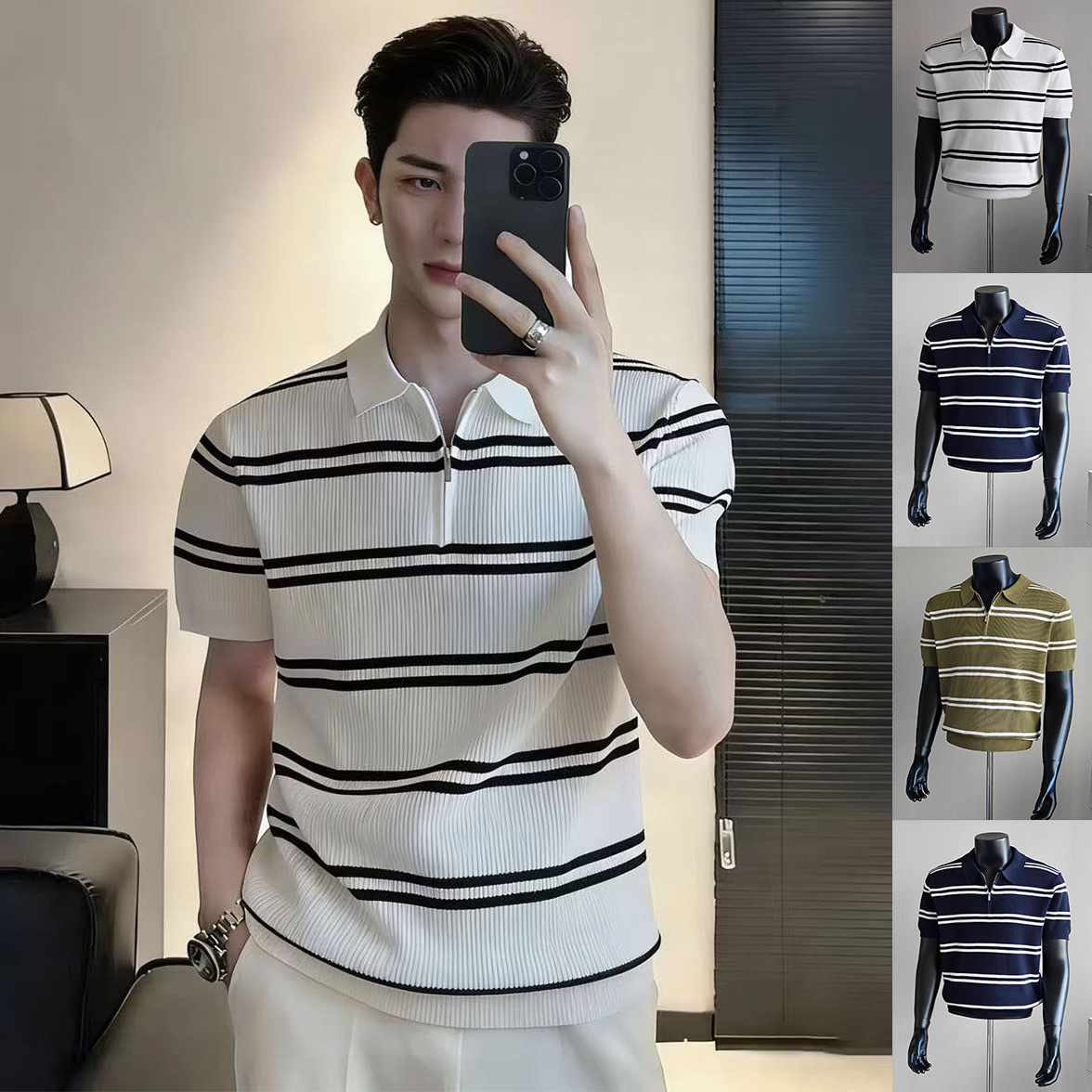 Camisas de polo de manga corta de vello de estilo de verano, camisetas de hielo con media cremallera a rayas, fábrica transfronteriza al por mayor