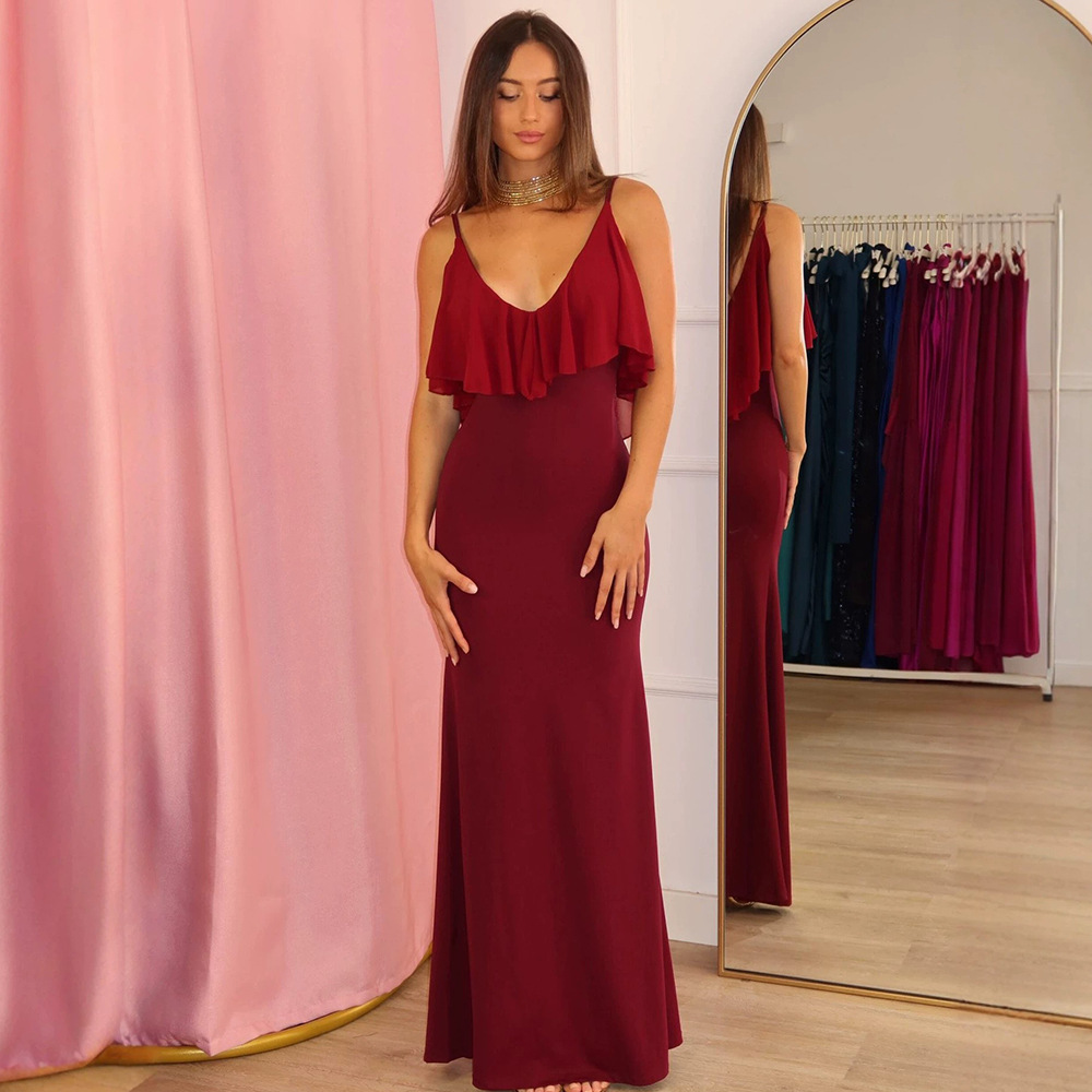 Europa y América ropa de mujer 2026 verano nuevo color sólido V-collar collar borde de loto sexy delgado vestido de cadera al por mayor image 6