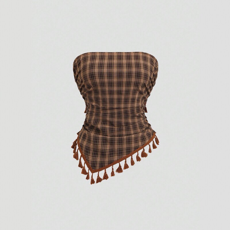 2025 New Retro Plaid Tube Top Vest for Women, Slim Fit, Slimming, Lace-Up, Tassel Design Top 2025 New Retro Plaid Tube Top Vest for Women, Slim Fit, Slimming, Lace-Up, Tassel Design Top
