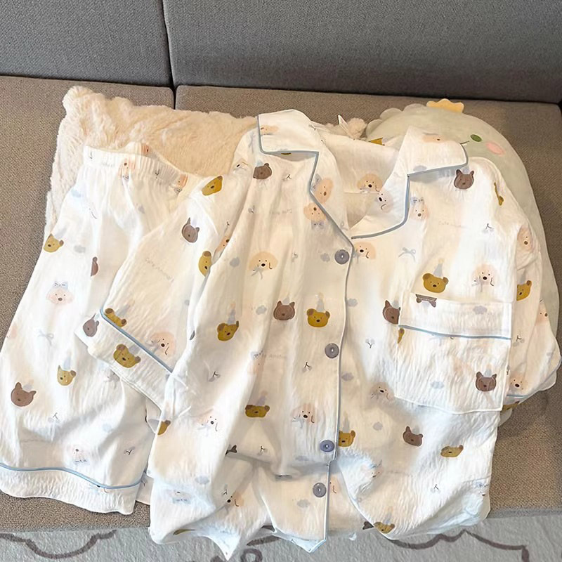 Cardigan de algodón nubes de verano con solapa dulce pijama de niña de manga corta pantalones cortos frescos set de ropa de casa de estudiantes al por mayor