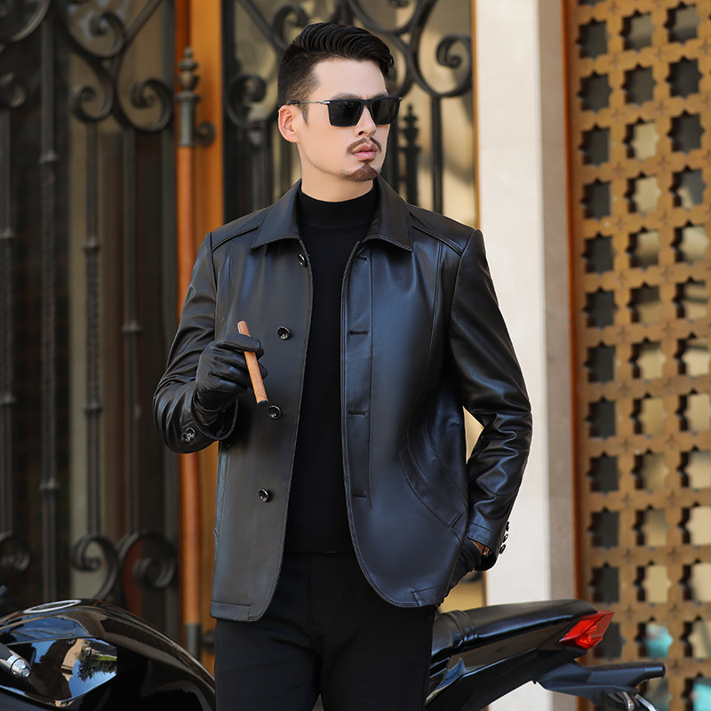 Counter Top Layer Goatskin Leather Jacket for Men 2025 Autumn and Winter Middle-Aged Dad Casual Lapel Leather Jacket Wholesale