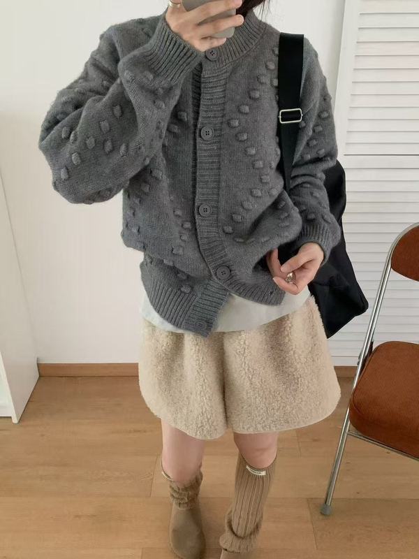 慵懒风纯色鼓包设计感高级感针织开衫女秋冬季宽松别致毛衣外套|undefined