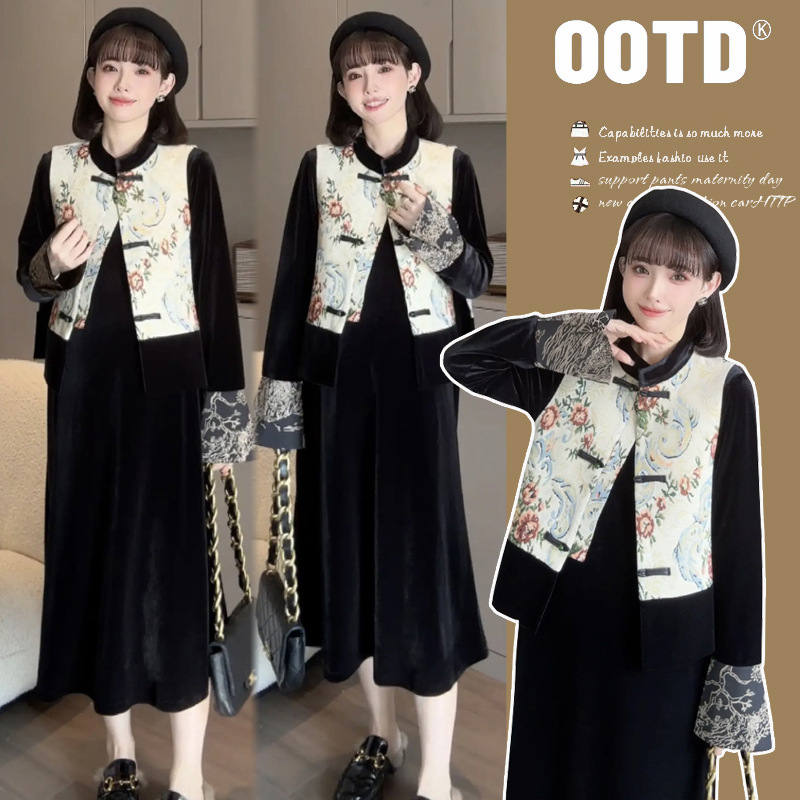 Maternity dress 2024 spring suit new Chinese velvet dress + cheongsam vest improved Hanfu two-piece suit