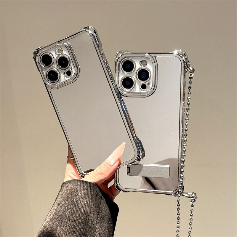 Silver Electroplated Mirror Case Suitable for iPhone 16, 15 Pro Max, Anti-Drop, with Lanyard, Apple 17 Stand, 14 Silver Electroplated Mirror Case Suitable for iPhone 16, 15 Pro Max, Anti-Drop, with Lanyard, Apple 17 Stand, 14