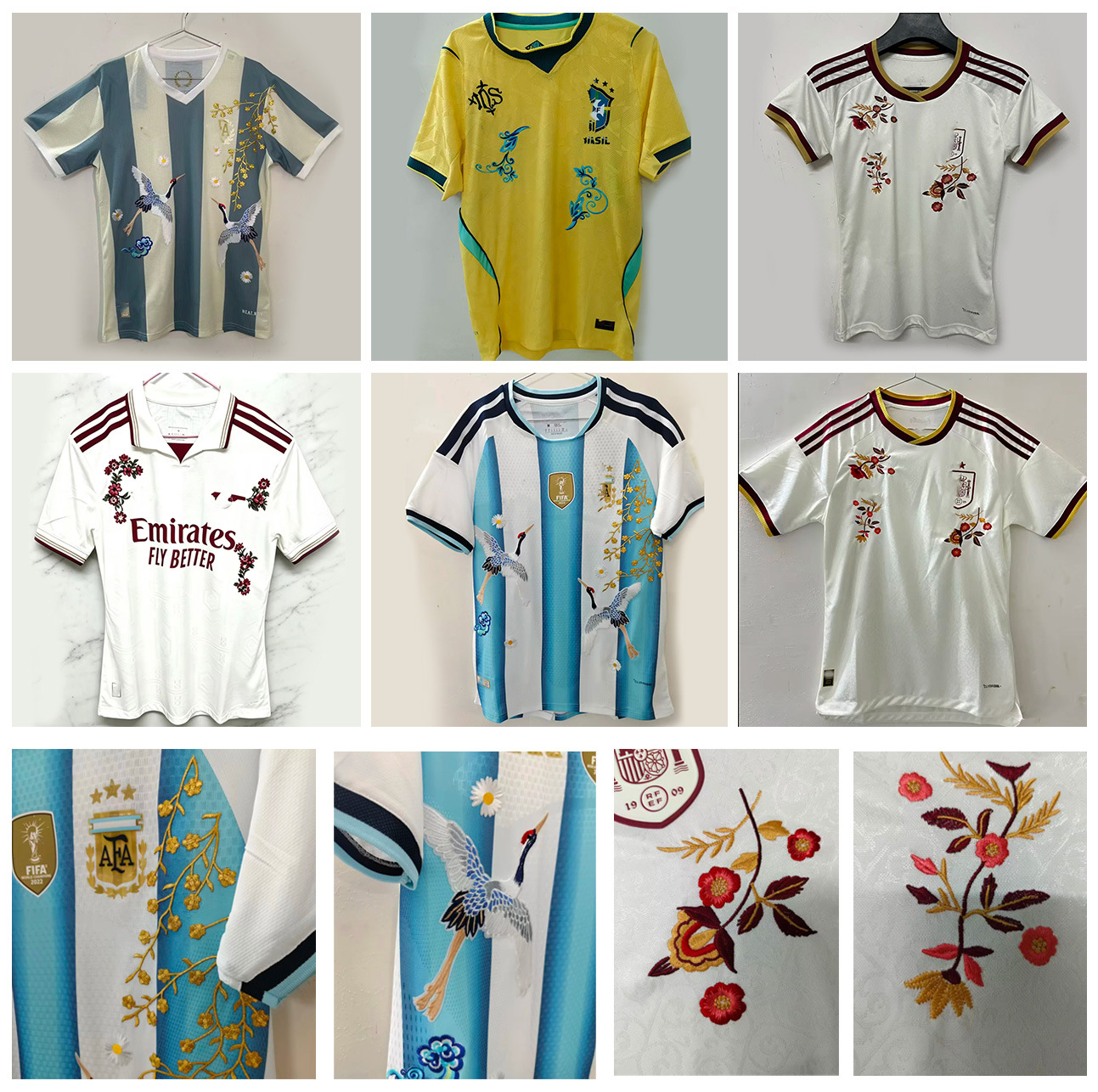 Braziliya, Argentina va Ispaniya uchun mashhur Amerika uslubidagi kashta tikilgan futbol formalari; o'yinchilar va muxlislar uchun versiyalar.