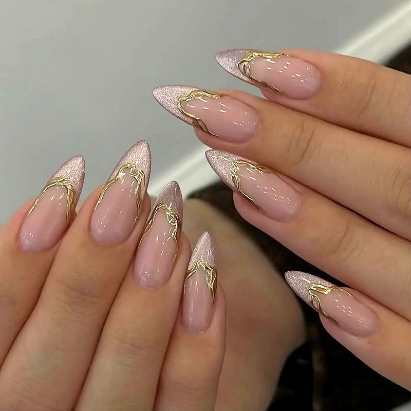French-style gilded almond-shaped handmade press-on nails for cross-border trade, 24-piece nail art set