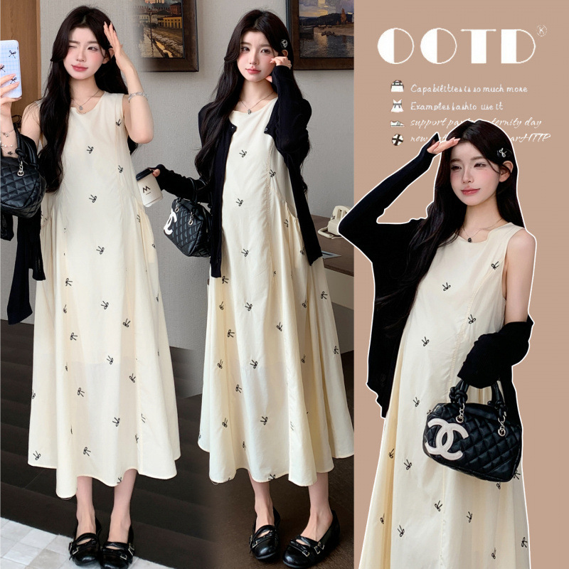 Maternity Wear, Summer Dress, Bow Embroidery, Beautiful Skirt, Fashionable New Style, Stylish French Two-Piece Set for Pregnancy