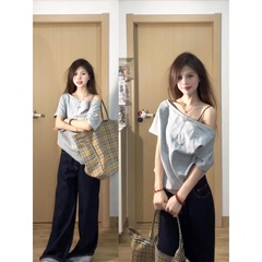 韓国風リラックスグレーワンショルダー半袖Tシャツレディース夏ニッチオフショルダールーズ痩身半袖トップトレンディ
