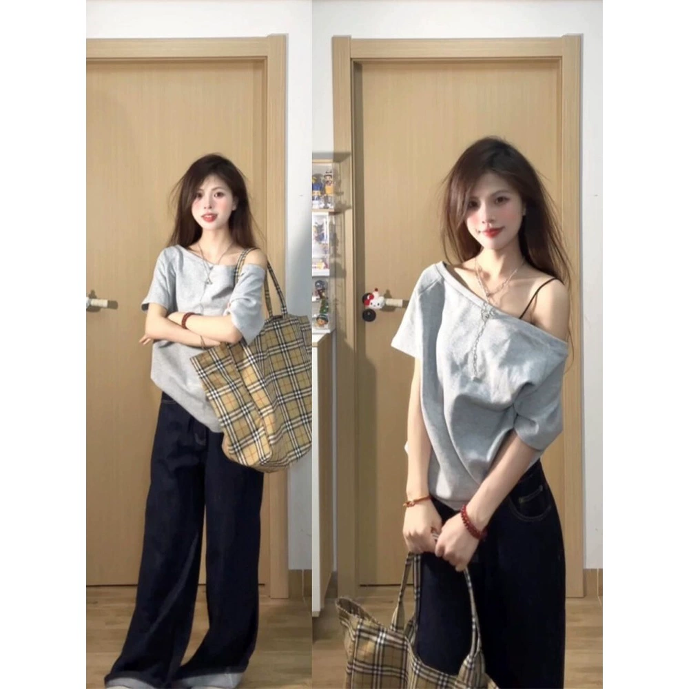 Корейский стиль, непринужденная серая футболка на одно плечо с короткими рукавами для женщин, летняя ниша с открытыми плечами, свободный утягивающий топ с половиной рукавов, модный