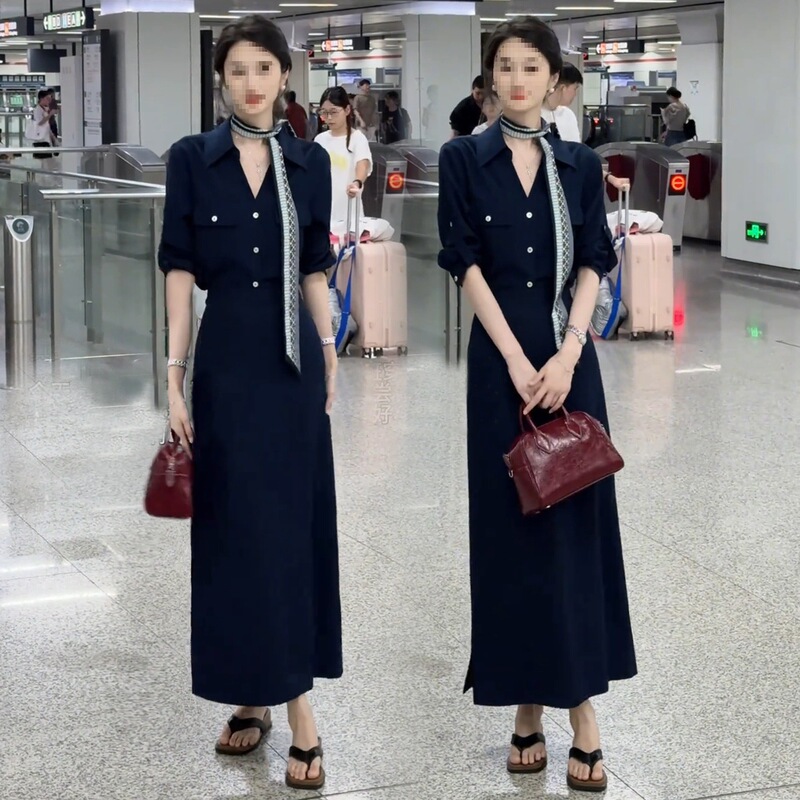 时尚连衣裙女2025秋季新款亚马逊气质百搭简约复古长款假两件裙子|undefined