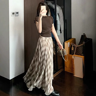 美式复古棕色格纹半身裙女春季辣妹风不规则高级感小众中长半身裙