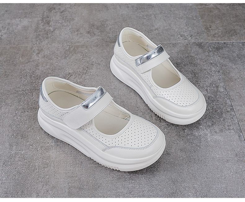 Dép Mary Jane nữ đế dày da bò thật quai Velcro thoáng khí — trắng chi tiết 13