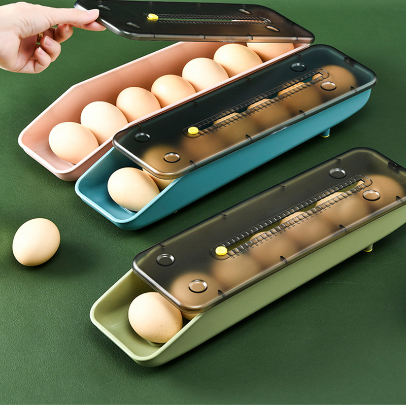 Refrigerador caja de almacenamiento de cocina caja de preservación de huevo creativo rodante bandeja de huevo congelador caja automática de rodillos de huevo Tipo de cajón