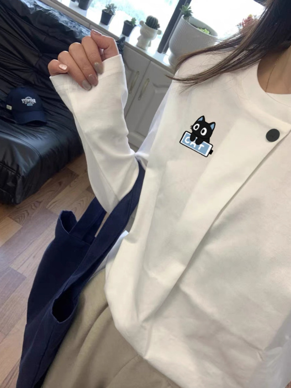 欧货纯棉一粒扣白色长袖T恤早秋女装2025新款宽松显瘦打底衫上衣|undefined