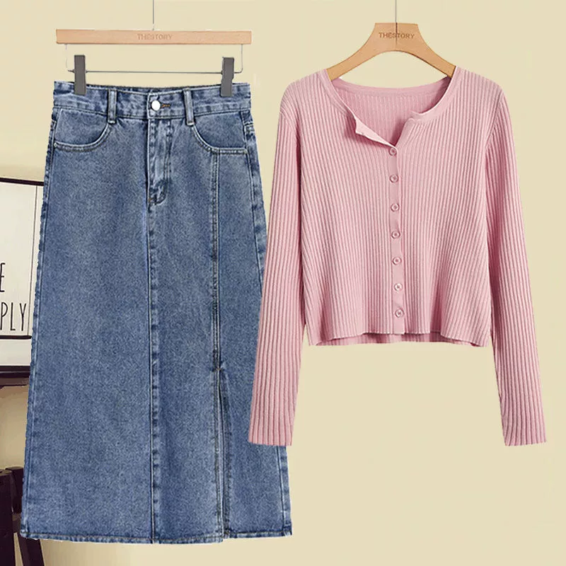 Spring set, denim skirt, plus size, western style