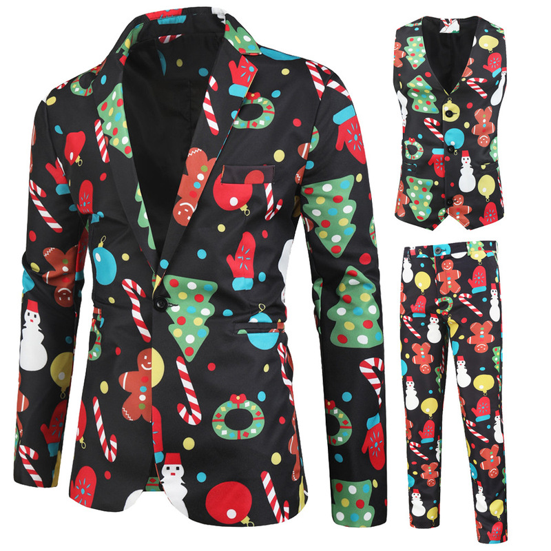 Foreign trade cross-border men's suit three-piece European and American style Youth Leisure Christmas 3D printed suit waistcoat set Foreign trade cross-border men's suit three-piece European and American style Youth Leisure Christmas 3D printed suit waistcoat set