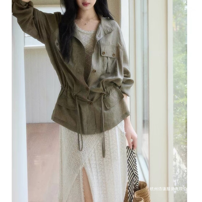 Army Green Waist-Cinching, Figure-Flattering Retro Workwear-Style Loose-Fitting Shirt for Women, New Spring Short Jacket Army Green Waist-Cinching, Figure-Flattering Retro Workwear-Style Loose-Fitting Shirt for Women, New Spring Short Jacket