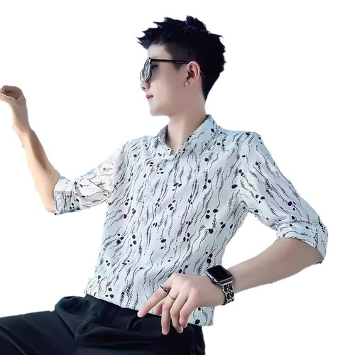 Light Luxury High-End Summer Ice Silk Men's Long-Sleeve Shirt, Thin Print Business Casual Men's Iron-Free Shirt