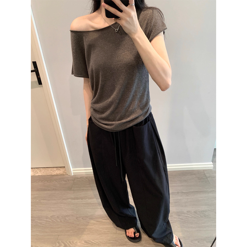 ワンピースツーウェア半袖Tシャツレディース夏オフショルダーロールエッジ斜め肩ニットトップ|undefined