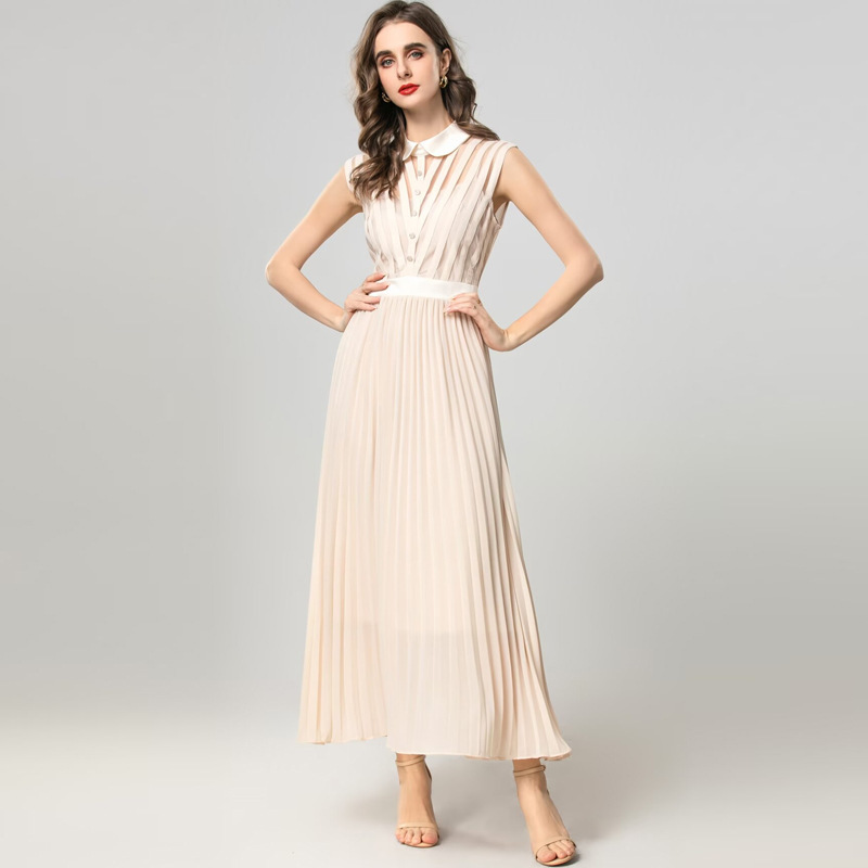 Doll Collar Sleeveless Mesh Stitching Sexy Perspective Pleated Large Swing Tall dress European Station Summer Women's Wear 2025