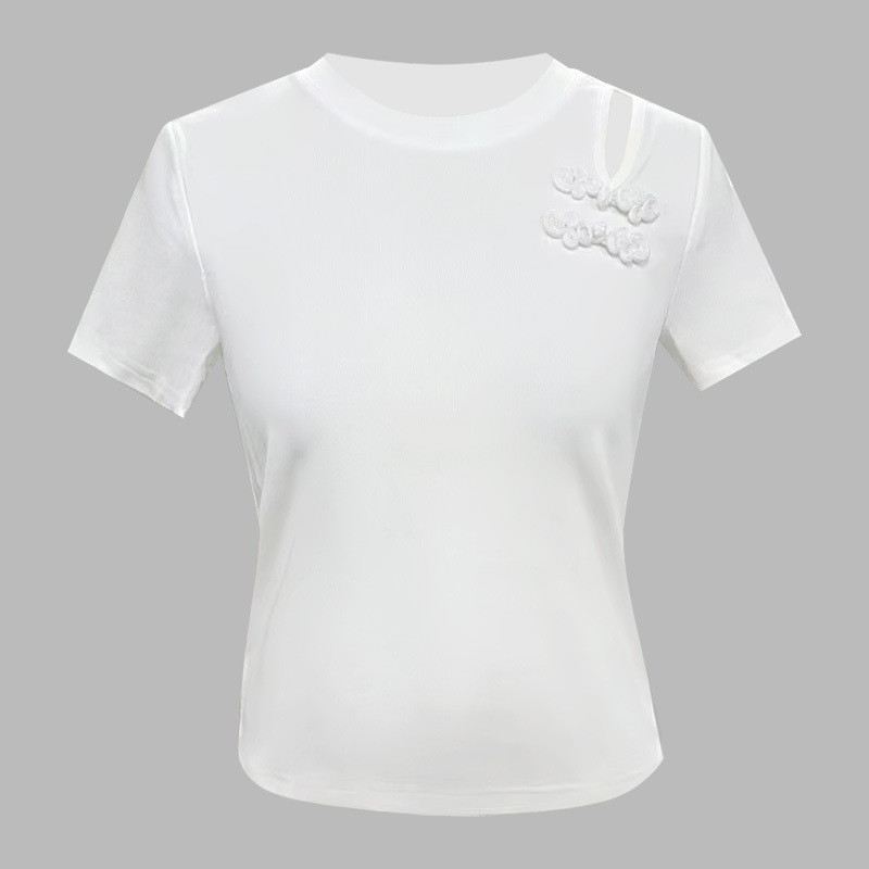 Nueva camiseta china de manga corta mujer 2025 nueva mujer retro hebilla de disco color sólido camiseta de algodón diseño sentido camisa hueca