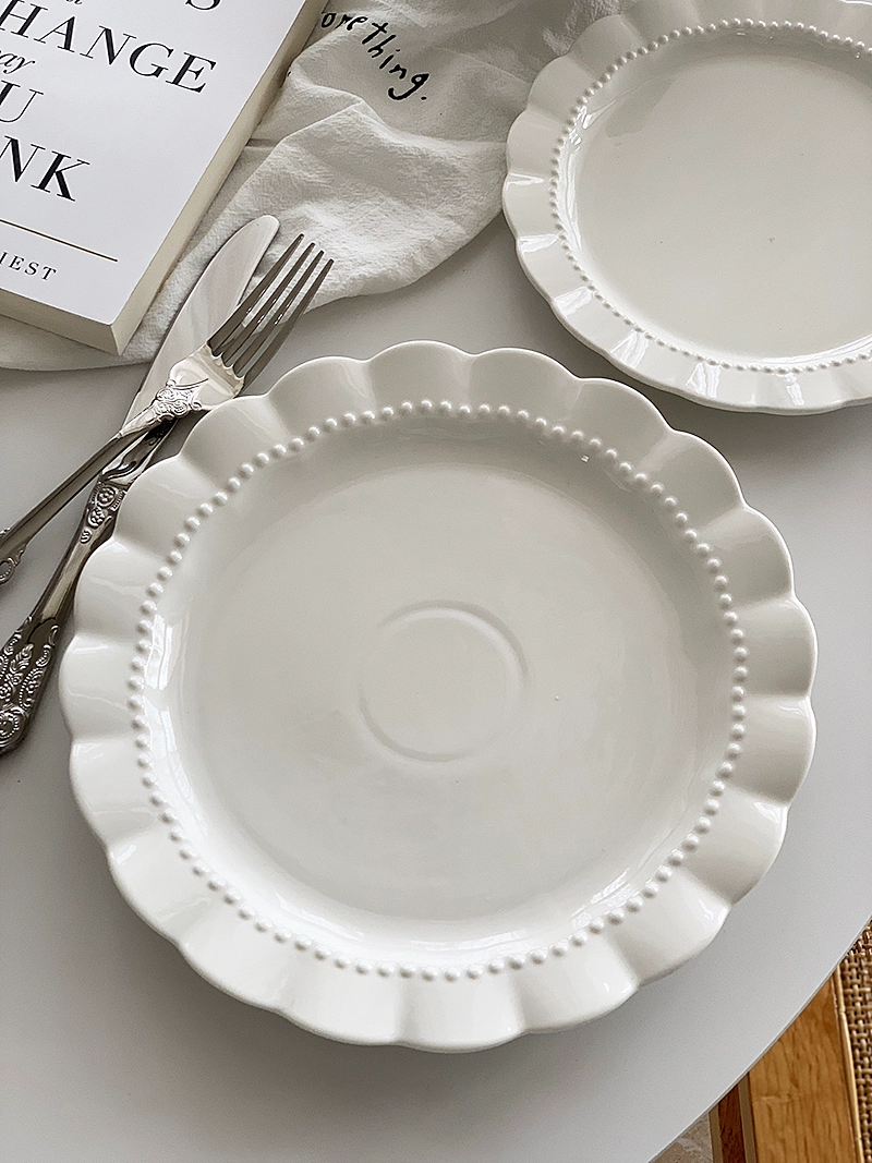 Anmu Liangpin foreign trade export super beautiful light luxurious bead dot lace pure white ceramic home dish plate