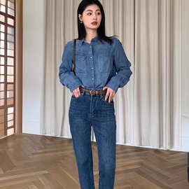 南油高端女装PD家早春新款宽松气质上衣美式复古长袖牛仔衬衫女棉
