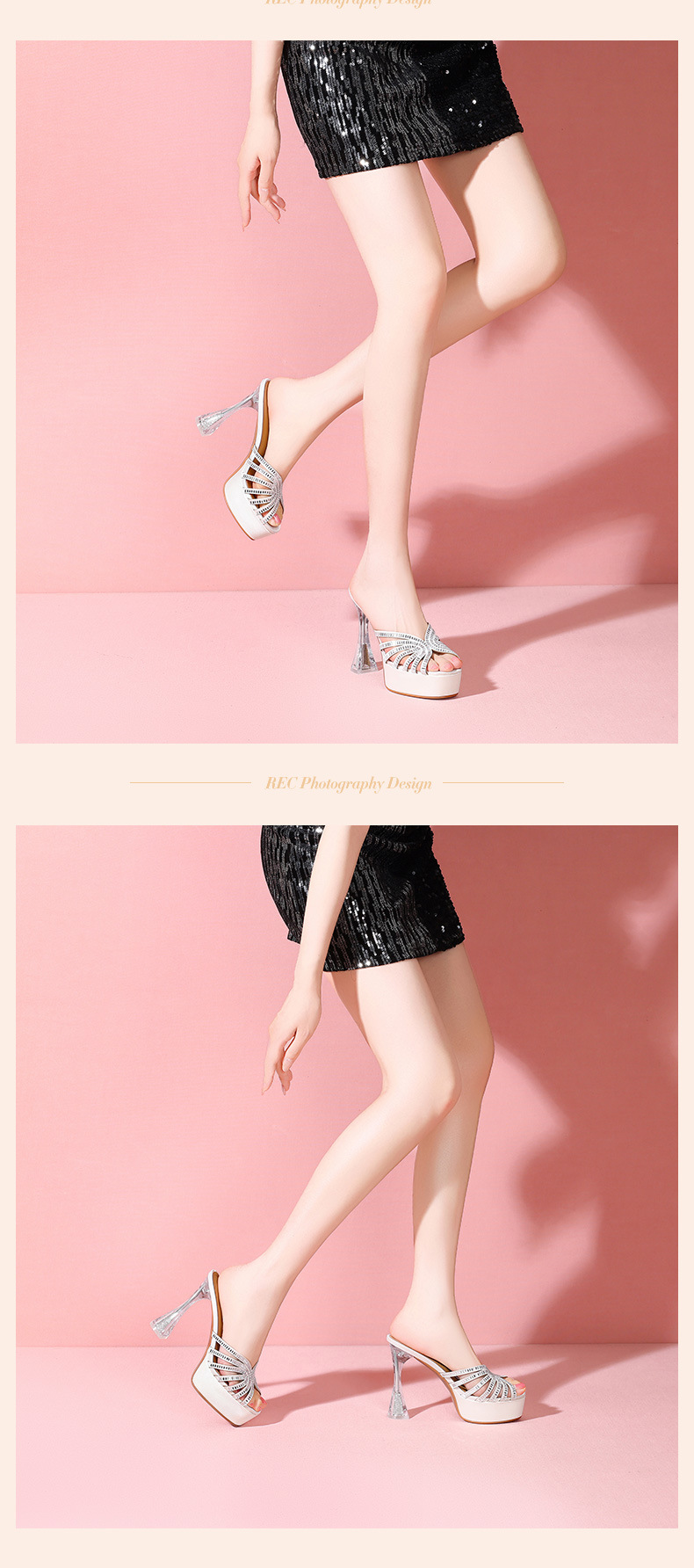 Sandal cao gót nữ hở mũi đính pha lê, gót 9 cm, đế platform, mũi tròn — đen chi tiết 10