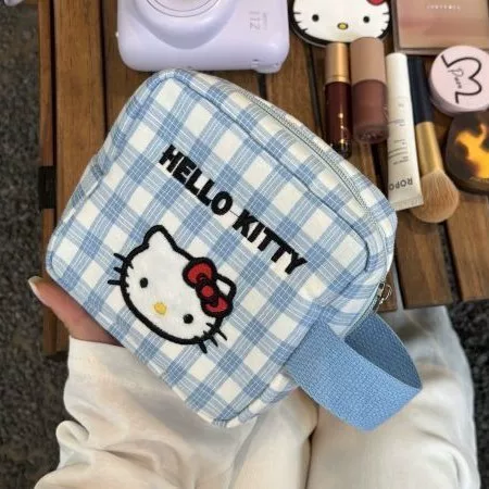 New Blue Checkered Crossbody Hello Kitty Makeup Bag, Polaroid Plaid Storage, Large Capacity Portable Square Bag for Girls