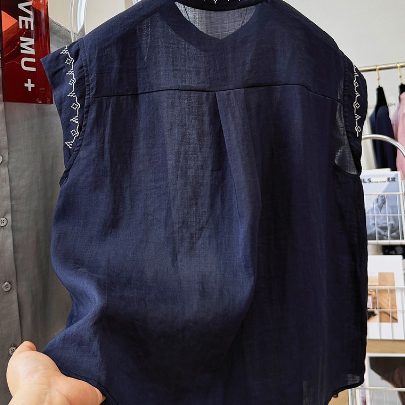女性用のハイエンドでユニークで美しいノースリーブシャツ、ヘビーウェイトの刺繍入りアウターベスト、ラミー素材の気質シャツ|undefined