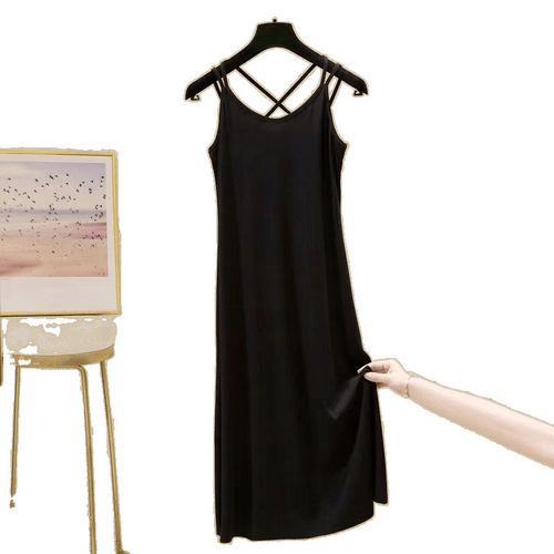 Loose Plus Size Summer New Strappy Ice Silk Dress for Women, Long-Sleeve Solid Color Simple Slimming Fashion Strap Dress