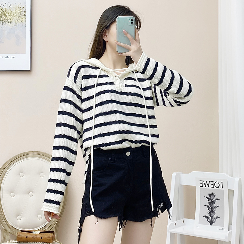 D Brand Letter Jacquard Navy Style Lapel Blue and White Striped Tie-Up Sweater Top Lace Wool Knit Long Sleeve Sweater