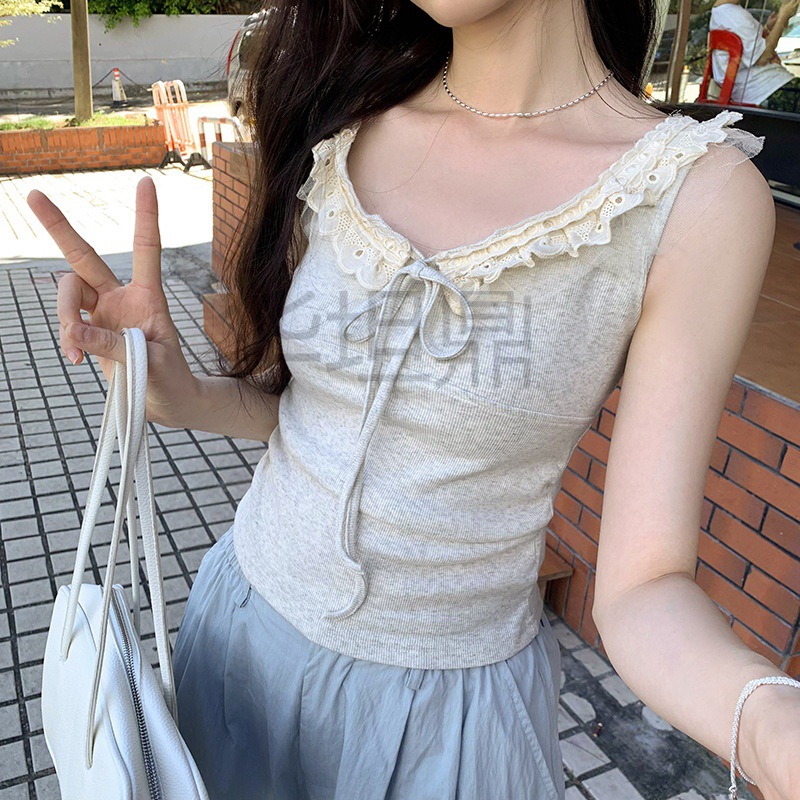 2 피겨 프랑스 디자인 센스 레이스 사이드 스트랩 조끼 여성의 여름 달콤하고 뜨거운 틈새 허리 플리츠 슬림 탑