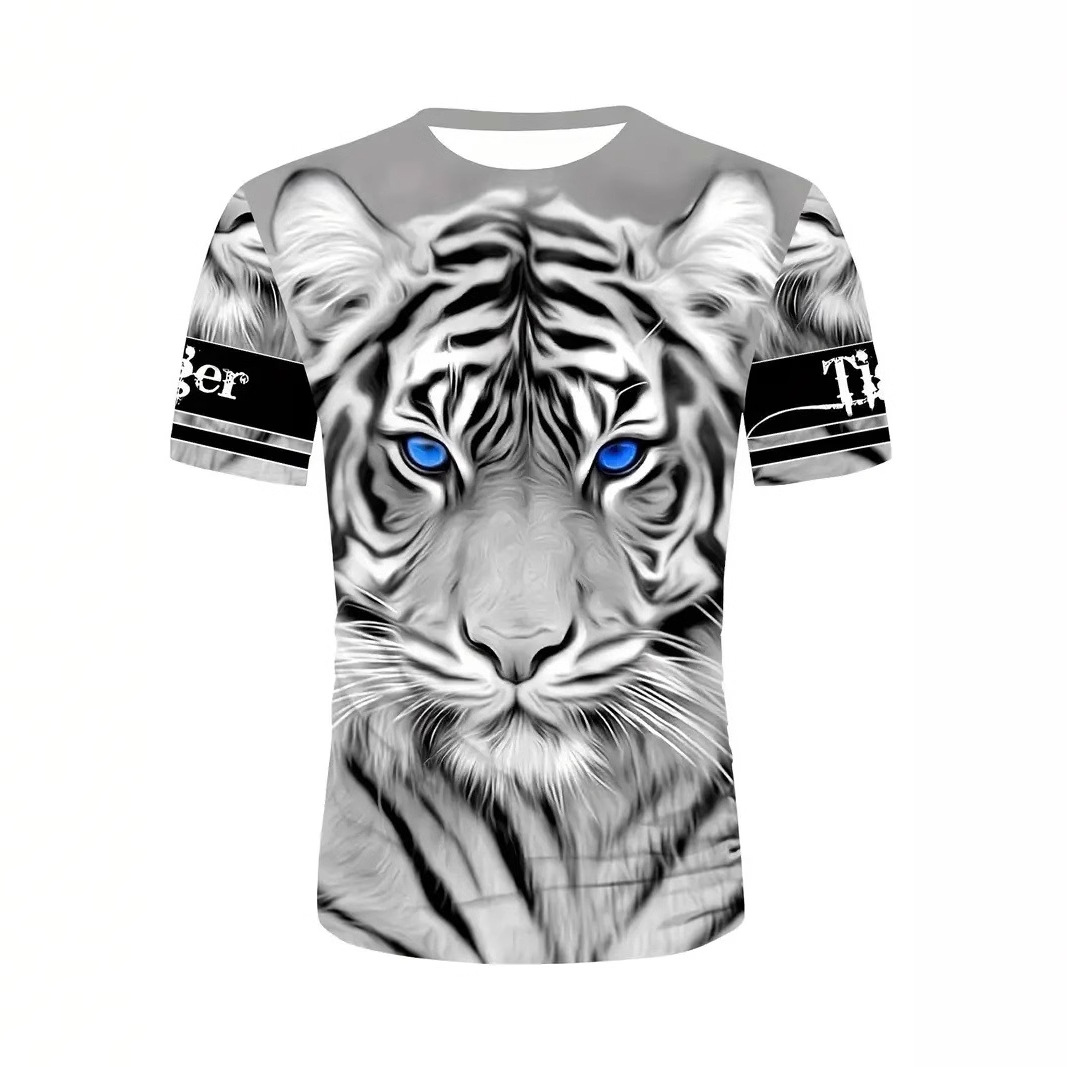 Venta caliente de la calle europea y americana tigre blanco estampado 3D hombre verano suelto transpirable hombro de manga corta cuello redondo camiseta en stock